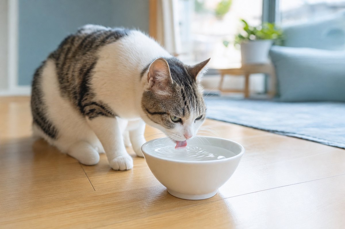 白い器の水を飲んでいる猫ちゃん