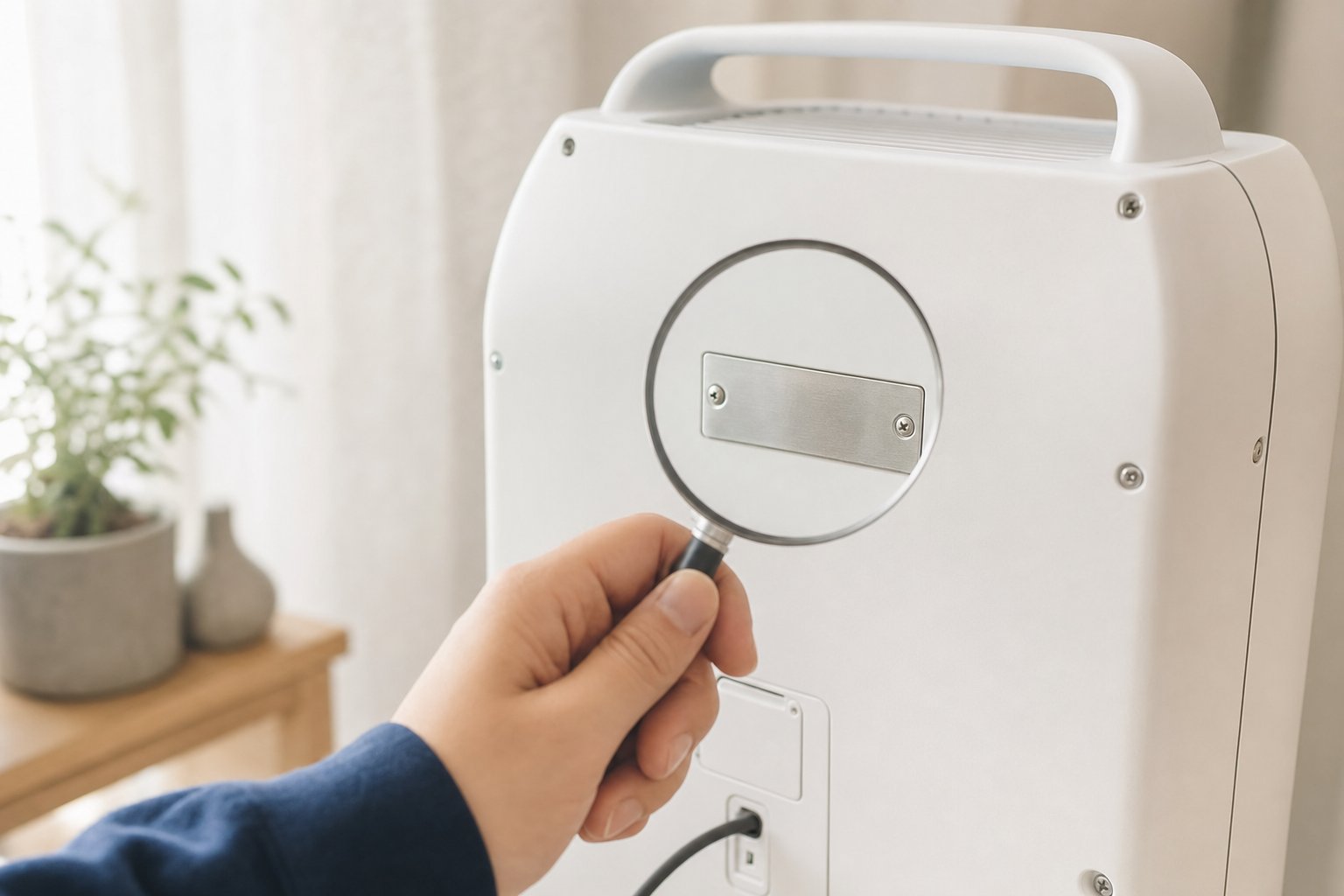 機械の裏の銘板を虫めがねで確かめる手元
