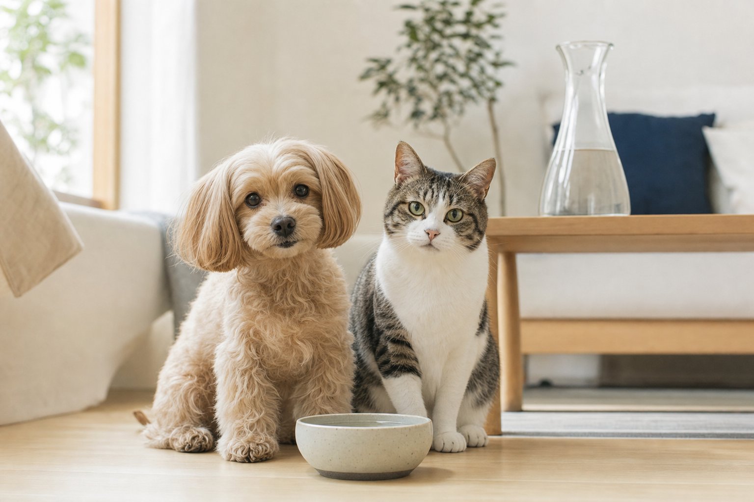 水の器の前に並んで座る小型犬と猫