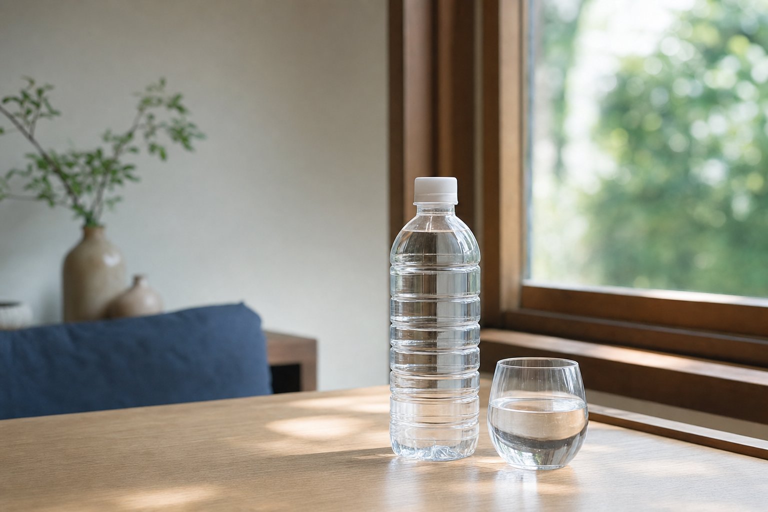 机の上の精製水のボトル